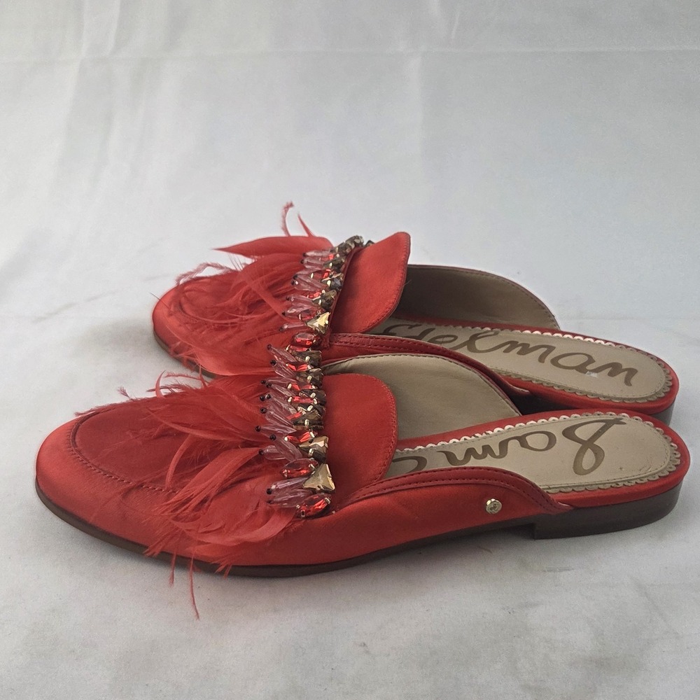 Sam Edelman Mules Womens Size 7.5 M Red Satin Feather Embellished Slip On Shoes - Picture 2 of 8